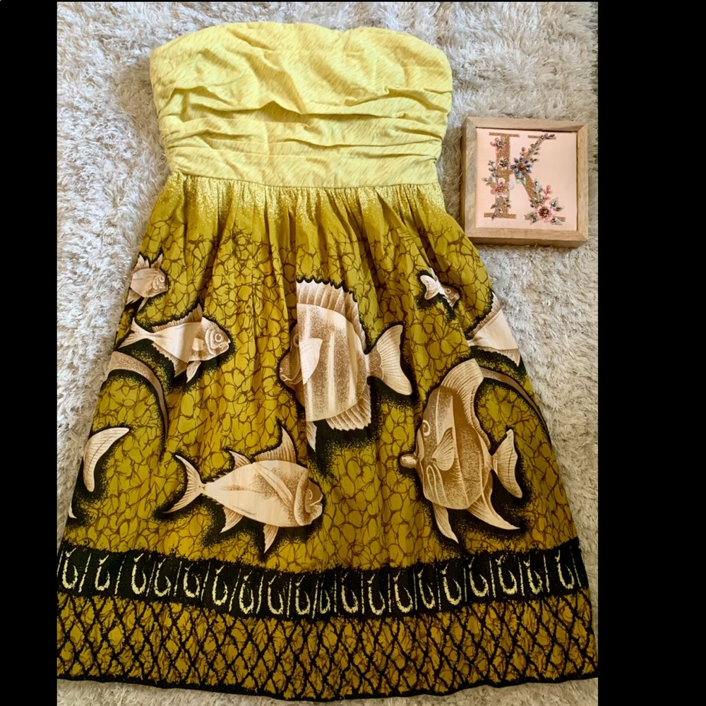 Anthropologie Strapless Yellow Green Fish-Print Dress - Picture 3 of 10